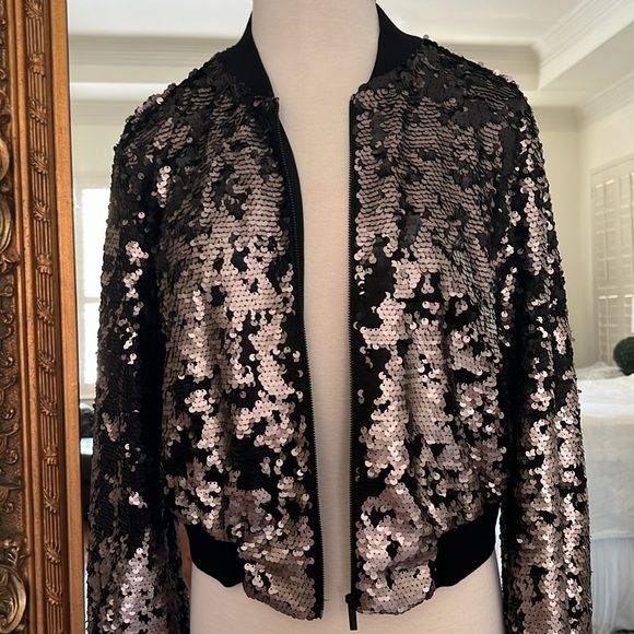 1 State Glam Rock Metallic Flip Sequin Bomber Jacket Size: Large Ringer Black - Picture 5 of 7